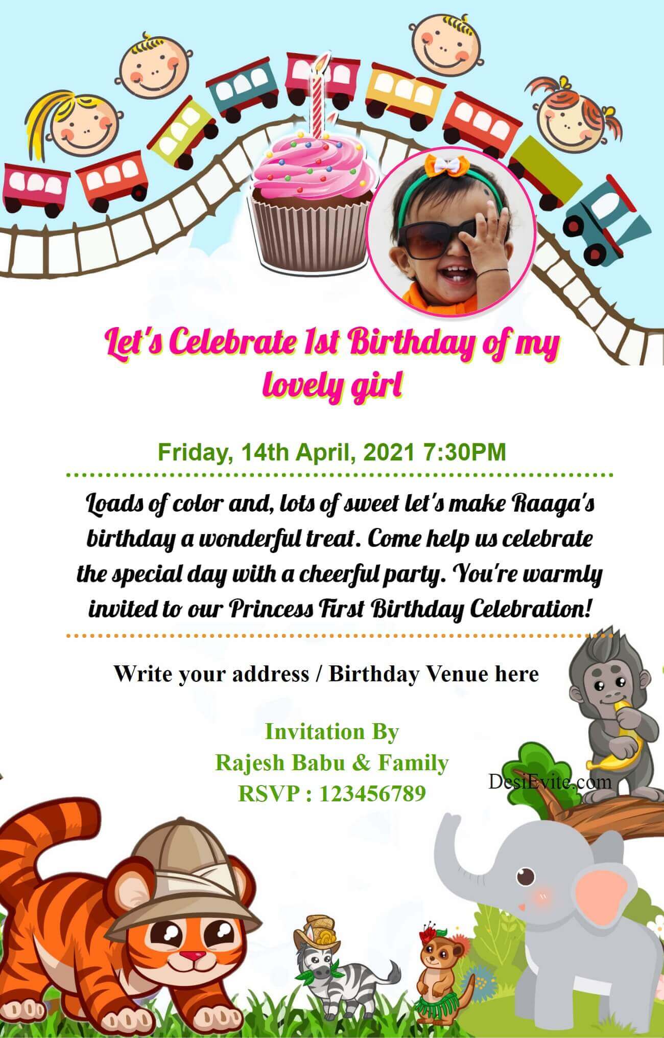 1st Birthday invitation ecard for prince  princes animal theme 80 